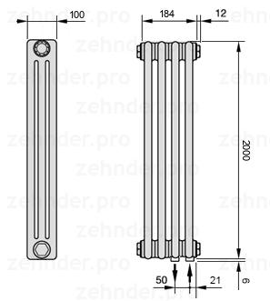 Схема (чертеж) Радиатор Zehnder Charleston 3200/4 №5510 Белый глянцевый RAL 9016